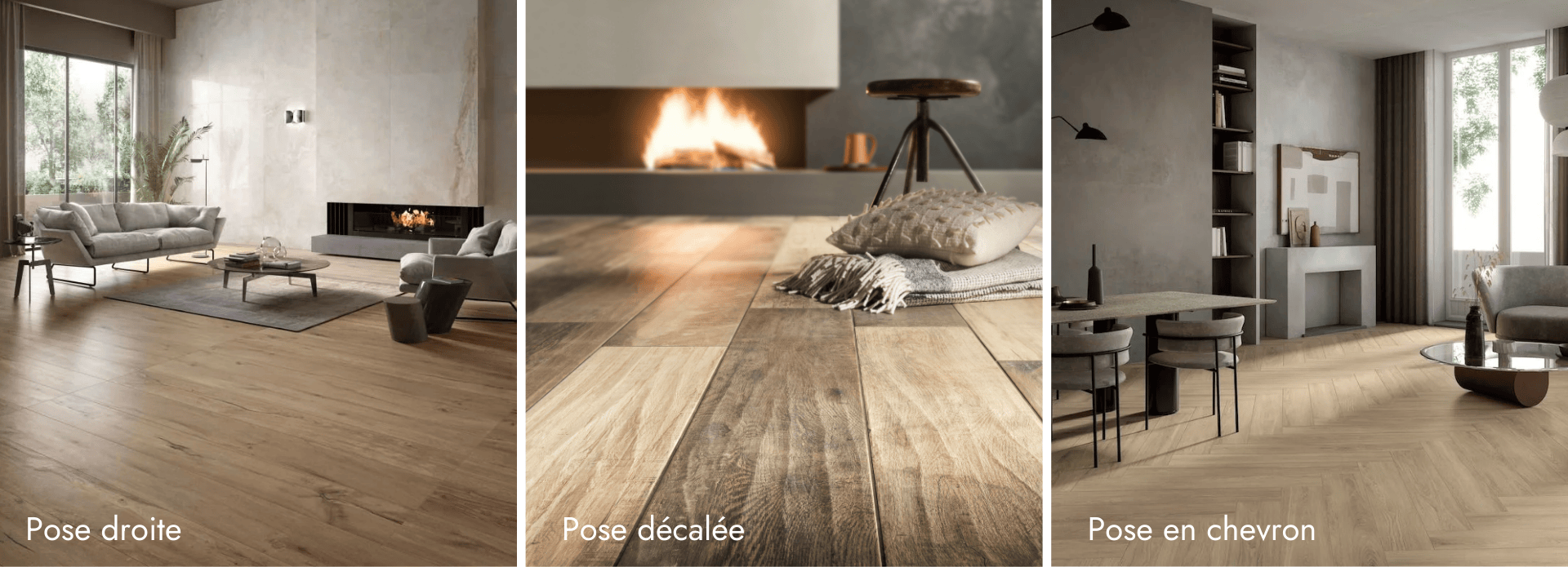 3 types de pose pour le carrelage effet bois : droite, décalée et en chevron.