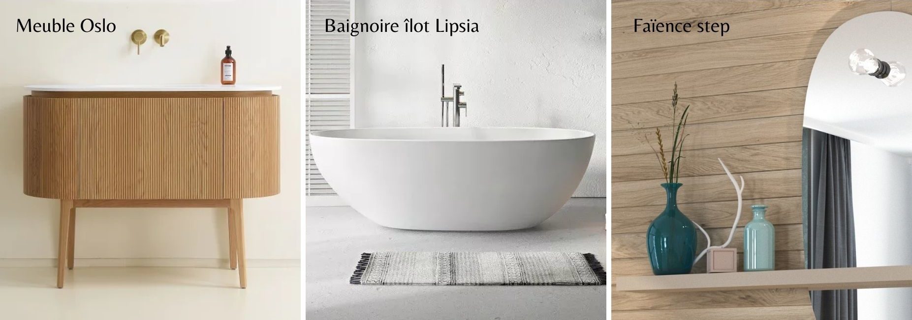 Produit tots, meuble simple baseque en bois, baignoire îlot, faience imitation bois