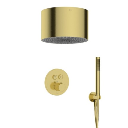 Kit douche Push avec plafond pluie cylindrique doré brossé