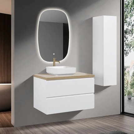 Meuble Alicia 90 cm blanc mat avec plan chêne vielli