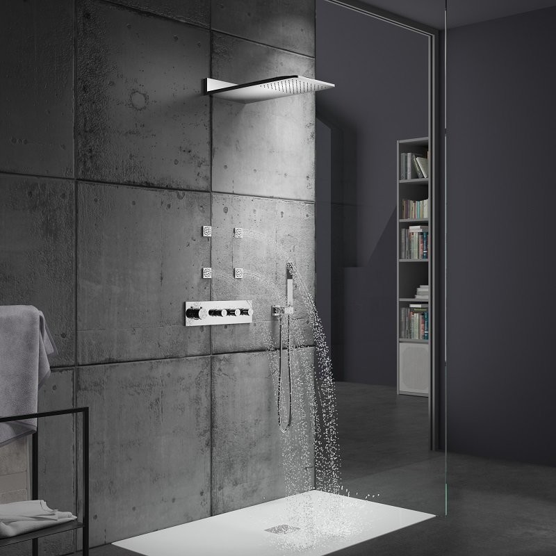 Robinetterie de douche thermostatique chrome arrondie avec tête de douche  pluie et douchette