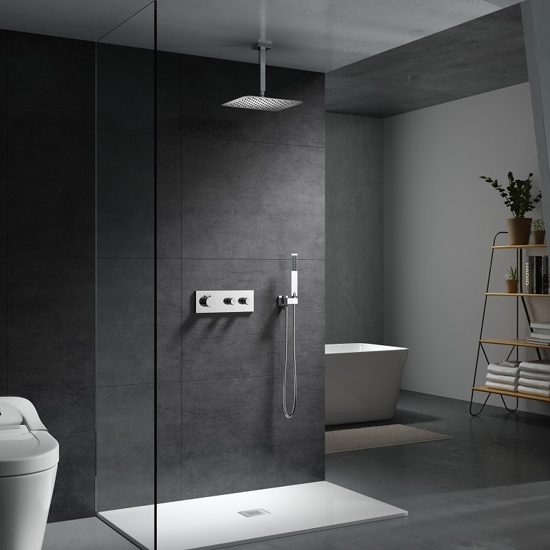 Pommeau de douche plafond carré Slim 30 cm Quadra à effet pluie