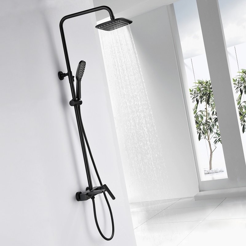 Colonne de douche thermostatique carrée noir mat avec douche pluie,  douchette et bec de bain