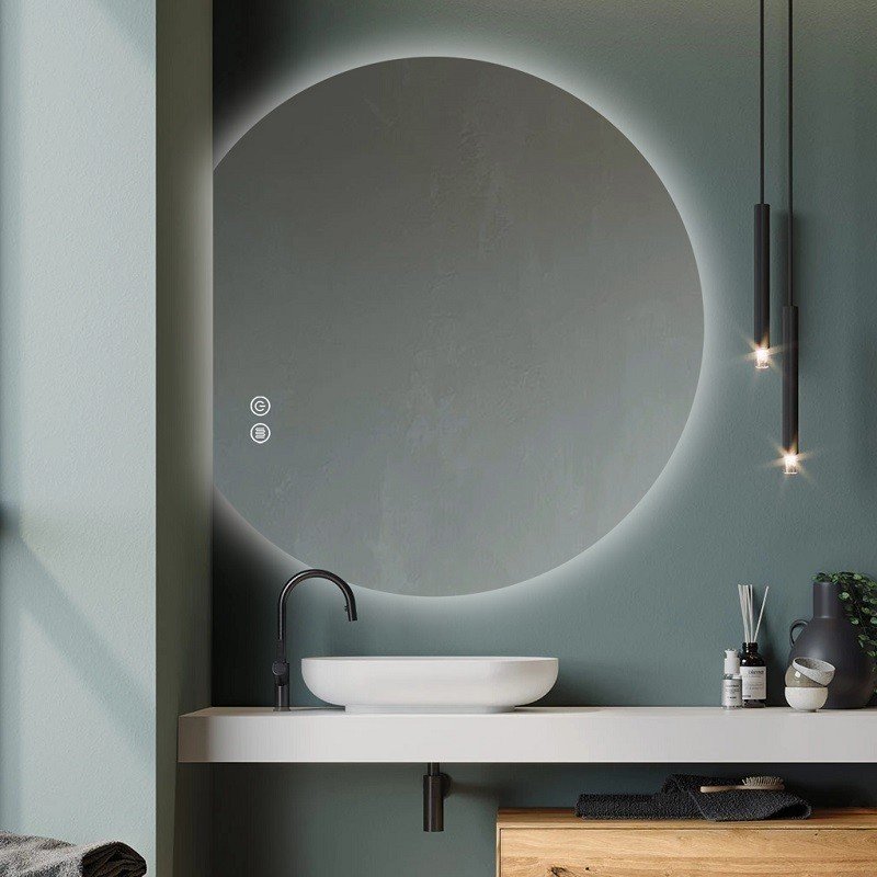 MEUBLE SALLE DE BAIN MURAL 80CM BLANC MAT AVEC MIROIR ROND À LED