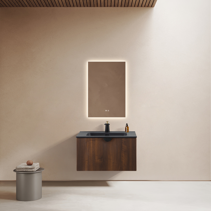 Meuble simple stripes noyer 70 cm vasque noir