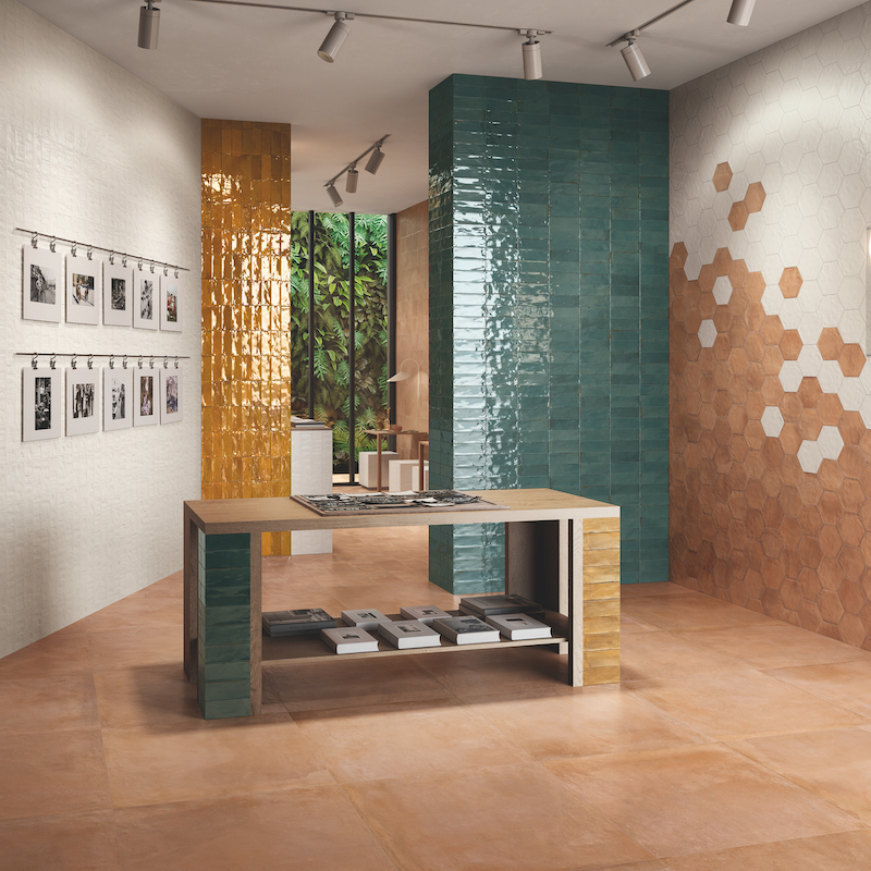 Carrelage mural Forme Majolica Ocra, Azure & Bianco brillant