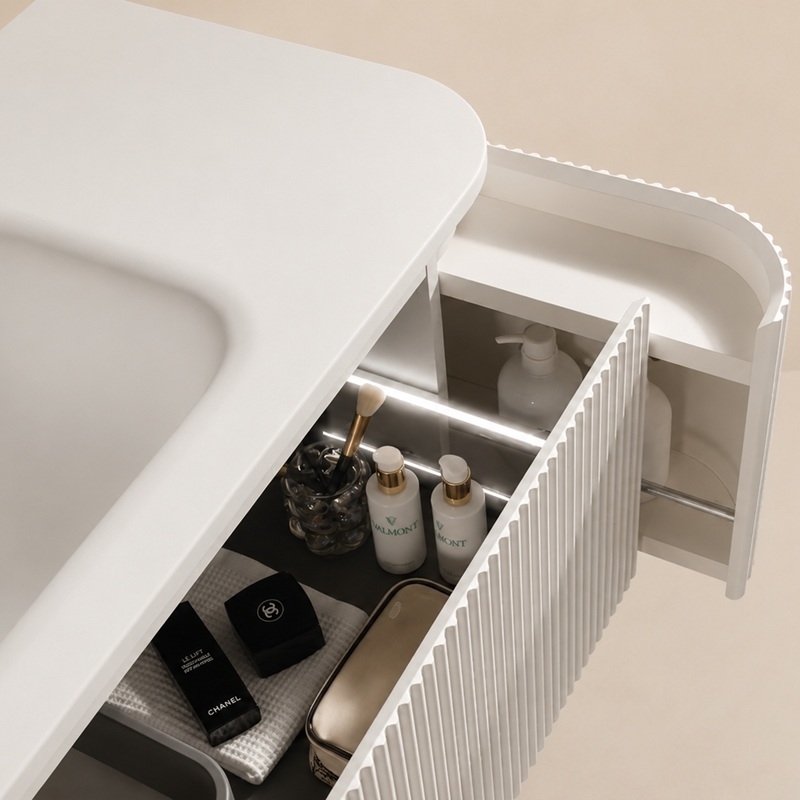 Meuble supendu blanc mat 120 cm salle de bain arrondie