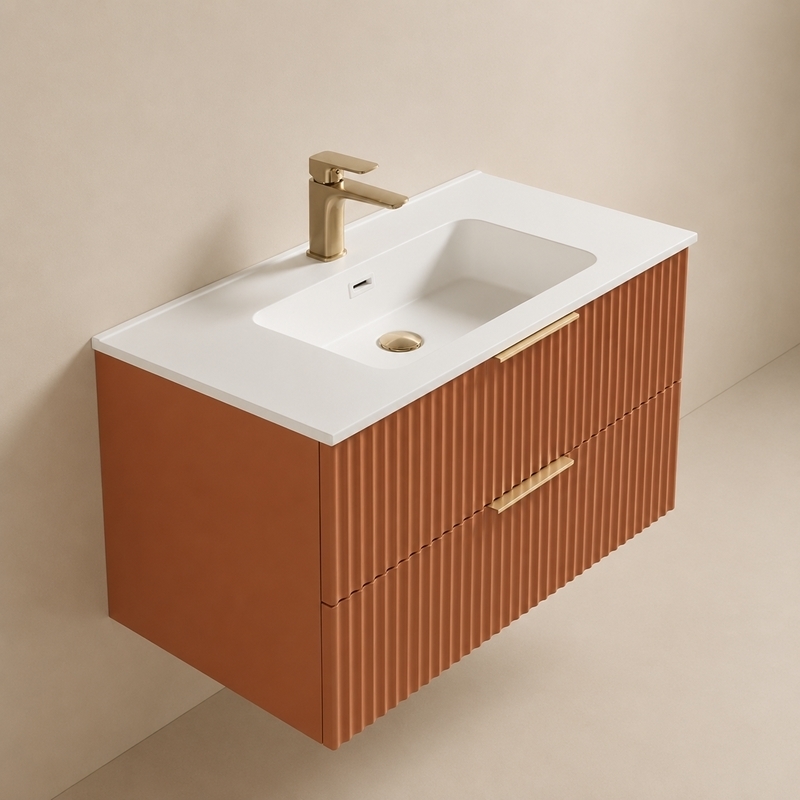 Meuble de salle de bain terracotta cannelé